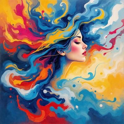 The primary subject of the image is a woman with long hair, painted in a vibrant and colorful manner. The setting is a painting, which showcases the woman's face and hair in a visually appealing and artistic way. The visual style is a combination of digital art and illustration, creating a unique and captivating piece of art. The colors and mood of the painting are lively and energetic, with a focus on the woman's beauty and the vividness of her hair.
